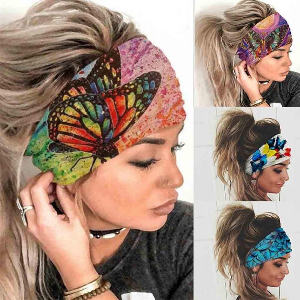 Wide Boho Headbands Headwrap Butterfly Stretch Button Hair Bands Bandana Yoga Ru